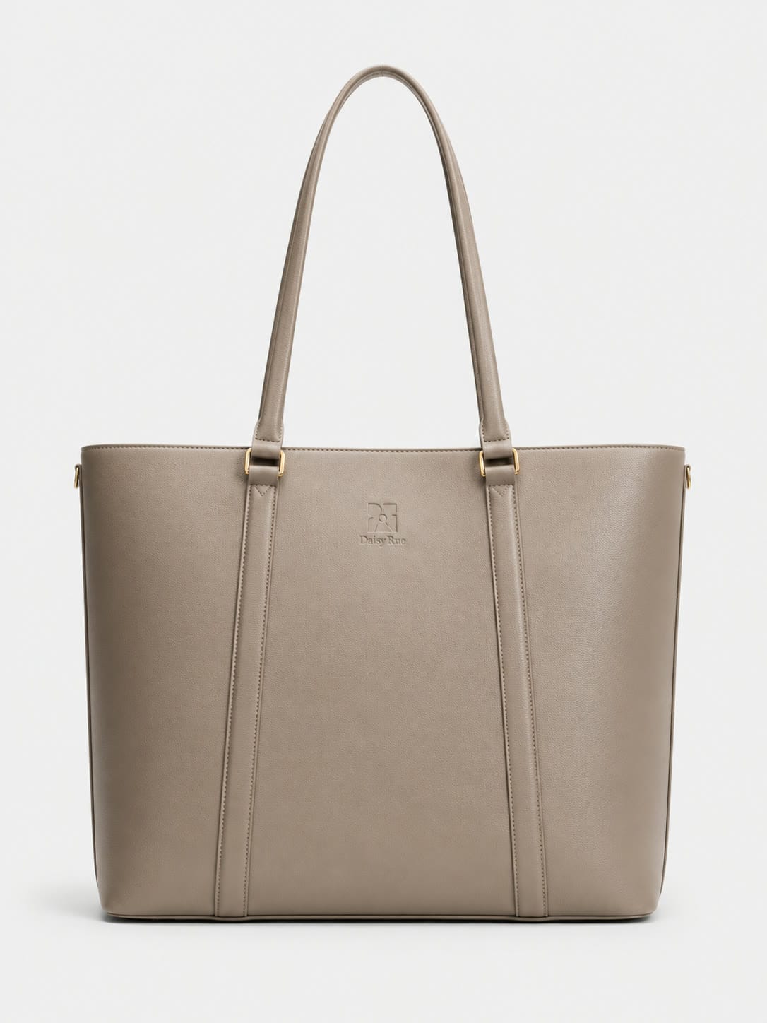 The Leather Tote in taupe with a debossed Daisy Rue mark