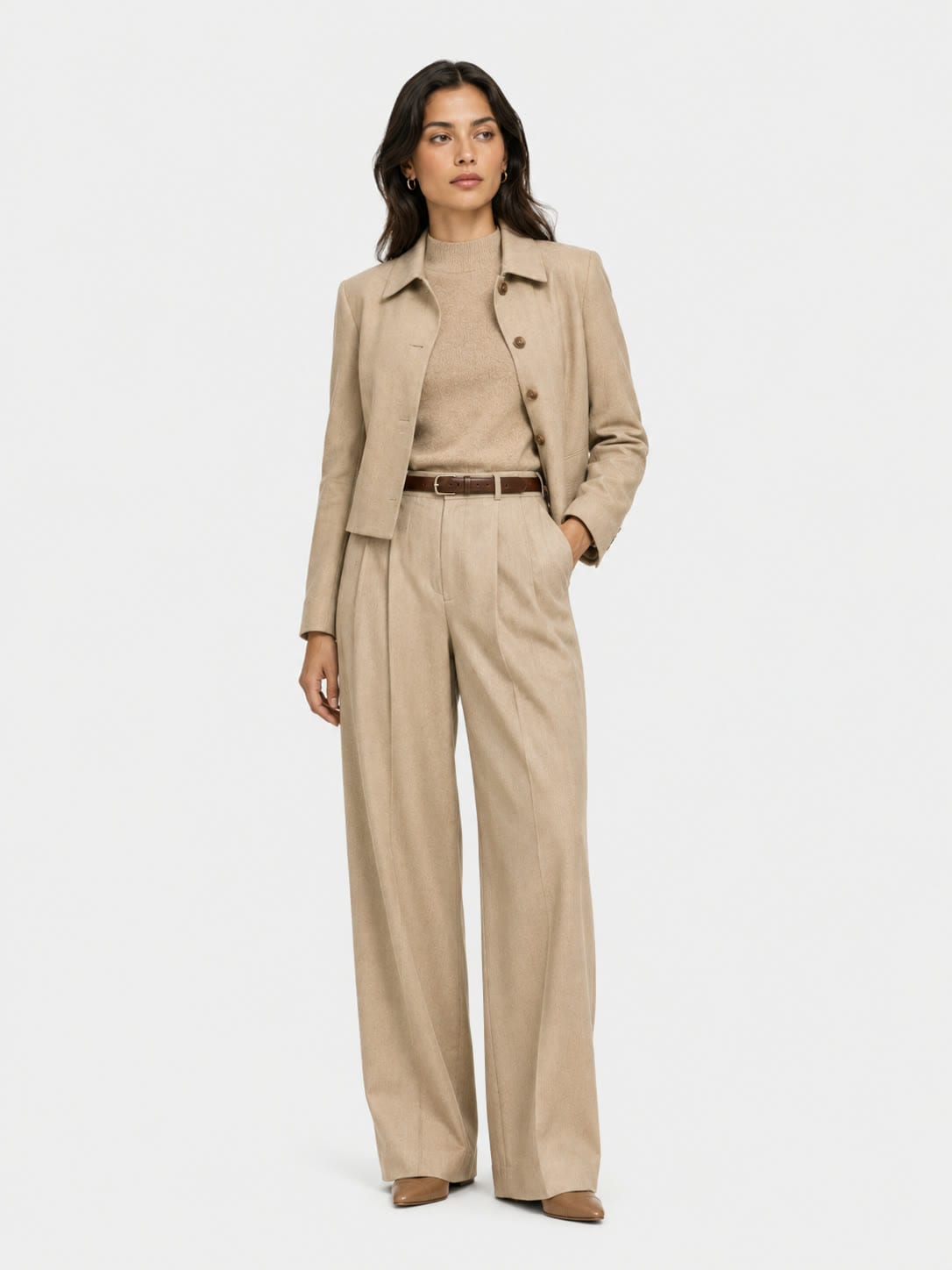 The Cropped Jacket in camel, studio view