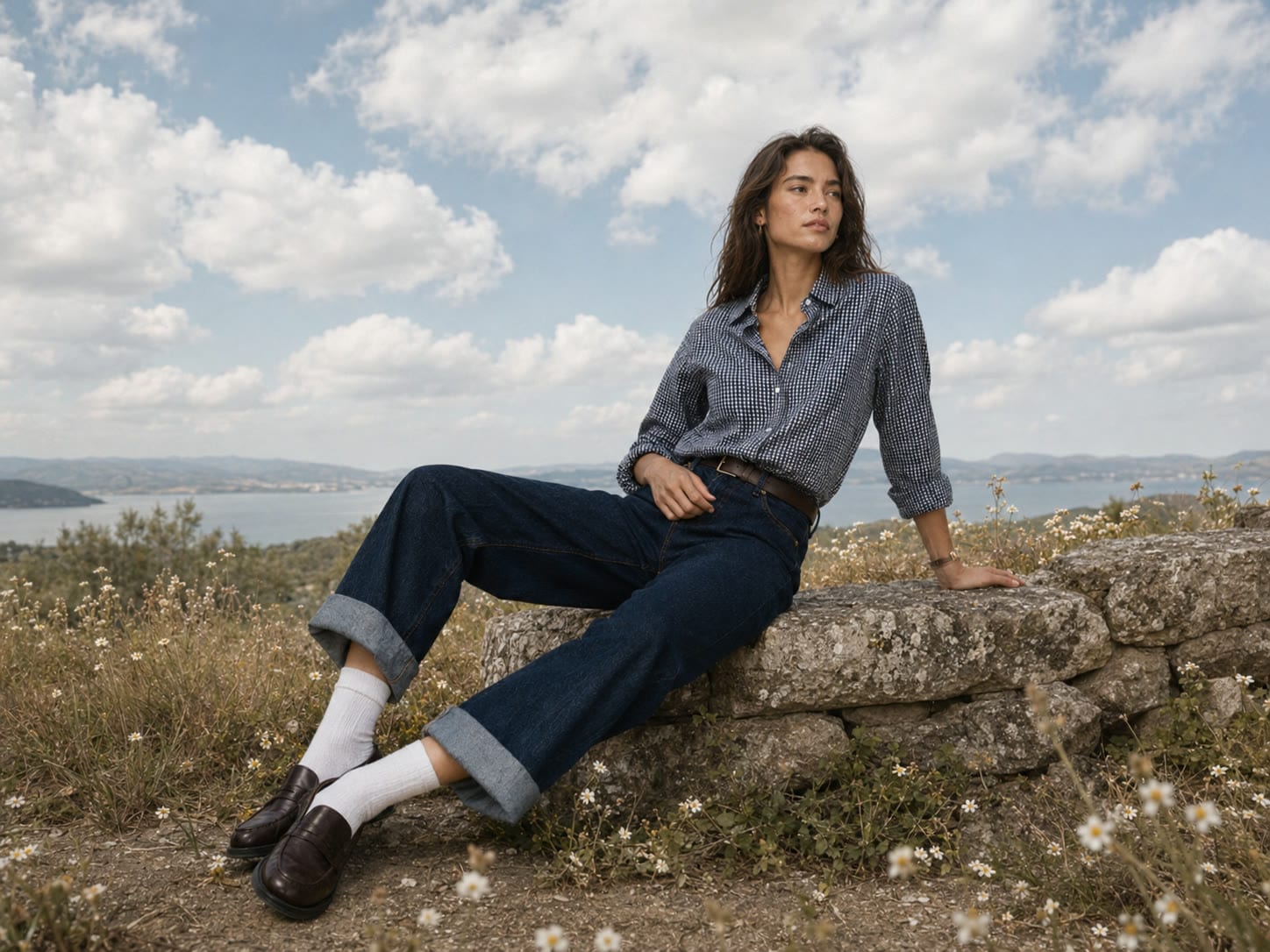 A model in the chambray shirt seated on a stone wall above the water