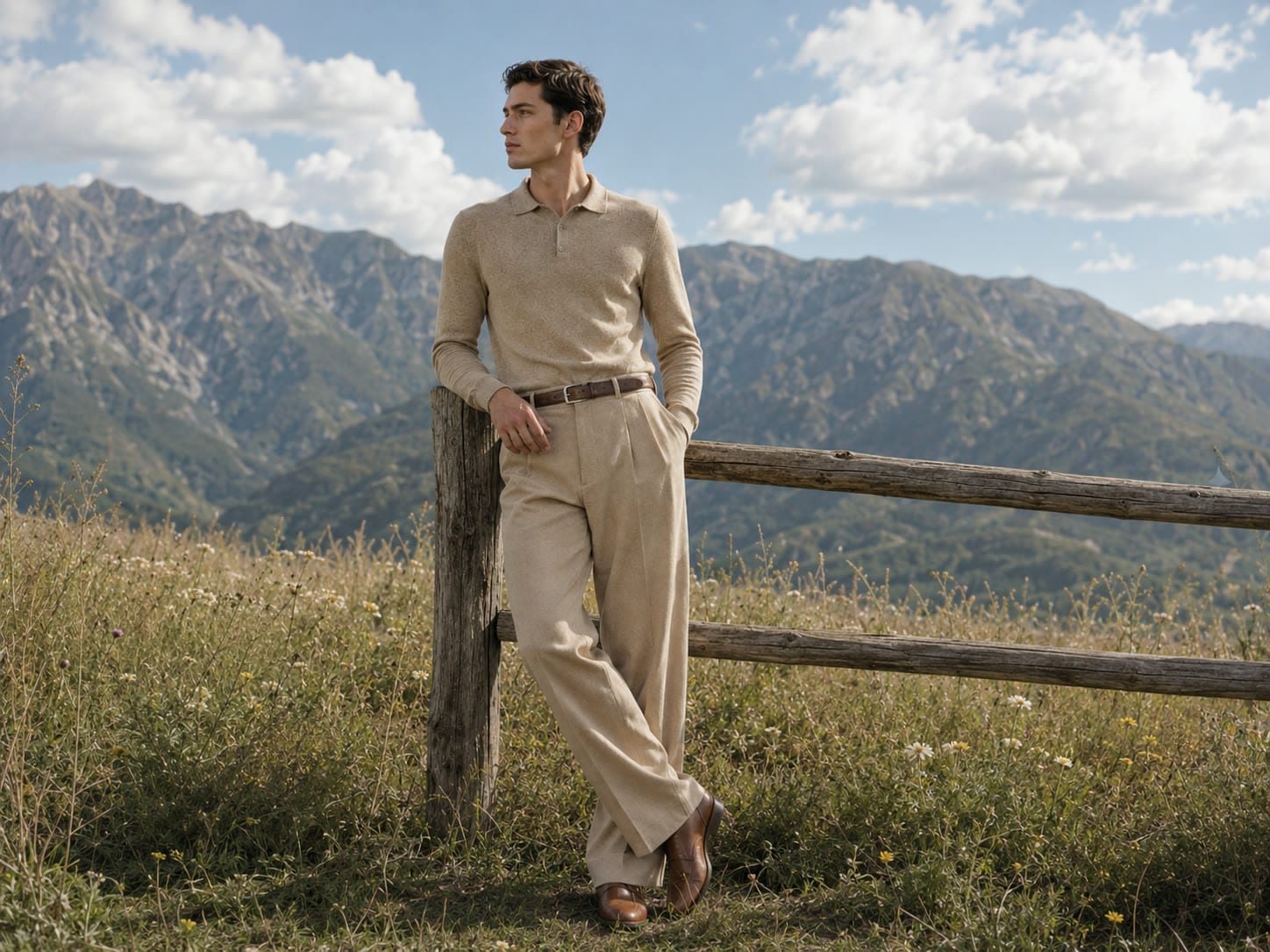 The Travel Polo worn against a mountain fence
