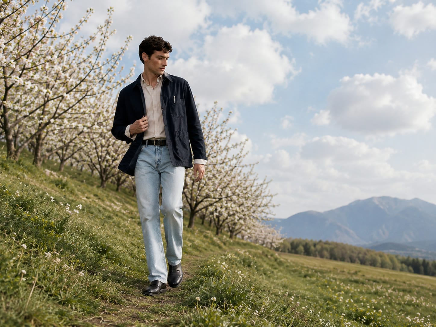The Chore Jacket photographed among orchard blossom