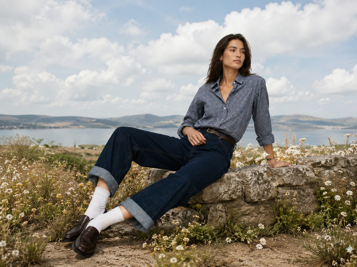The Wide-Leg Jean, seated on a stone wall by the water