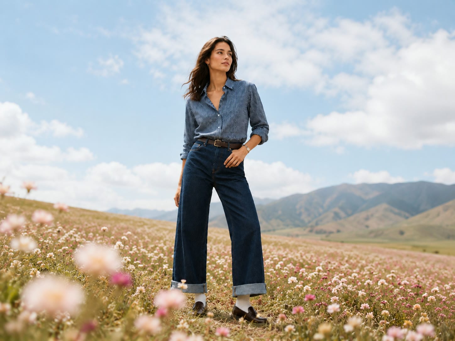 The Chambray Shirt in a meadow at golden hour