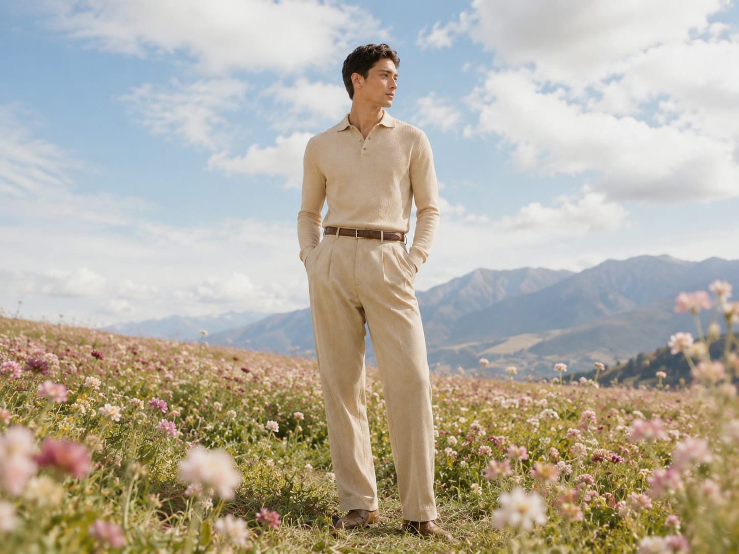 The Pleated Trouser photographed in a meadow