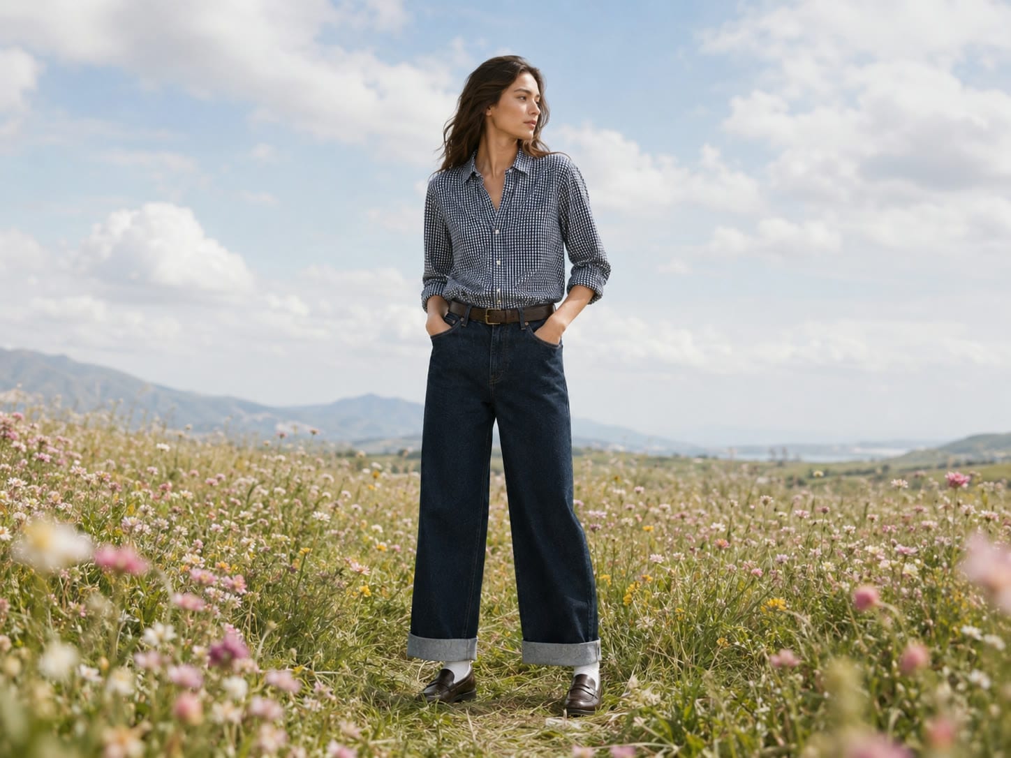 The Wide-Leg Jean photographed in a meadow
