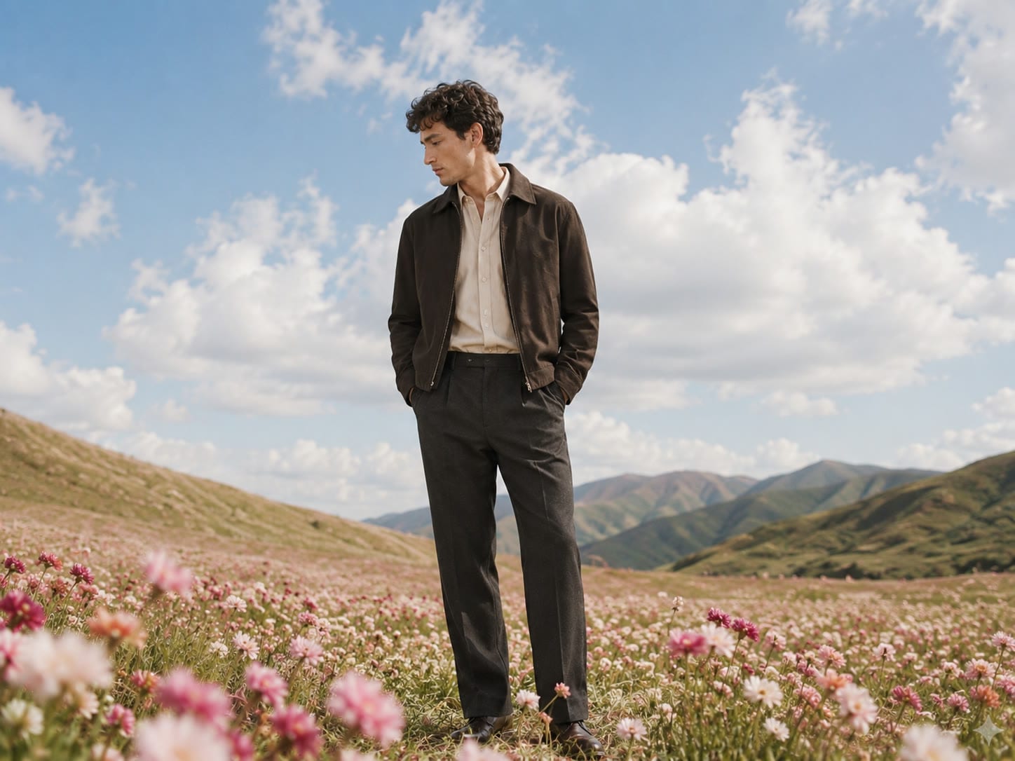 A model on a hilltop of wildflowers at the close of the day