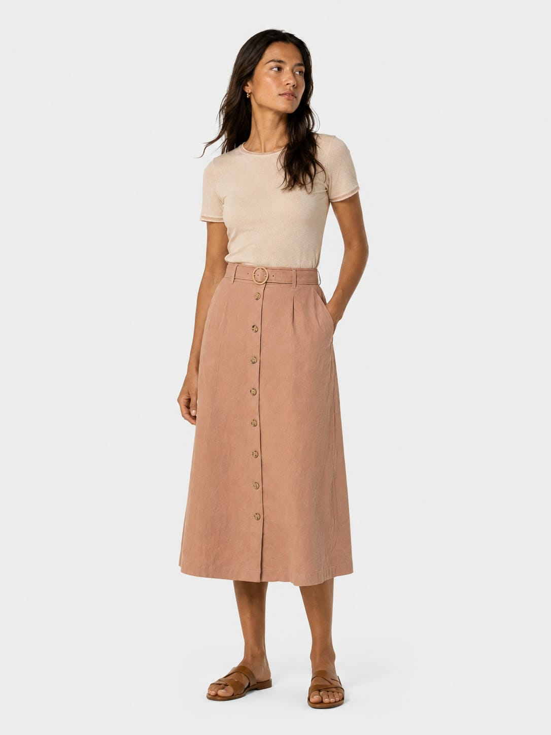 The Midi Skirt in terracotta, studio view