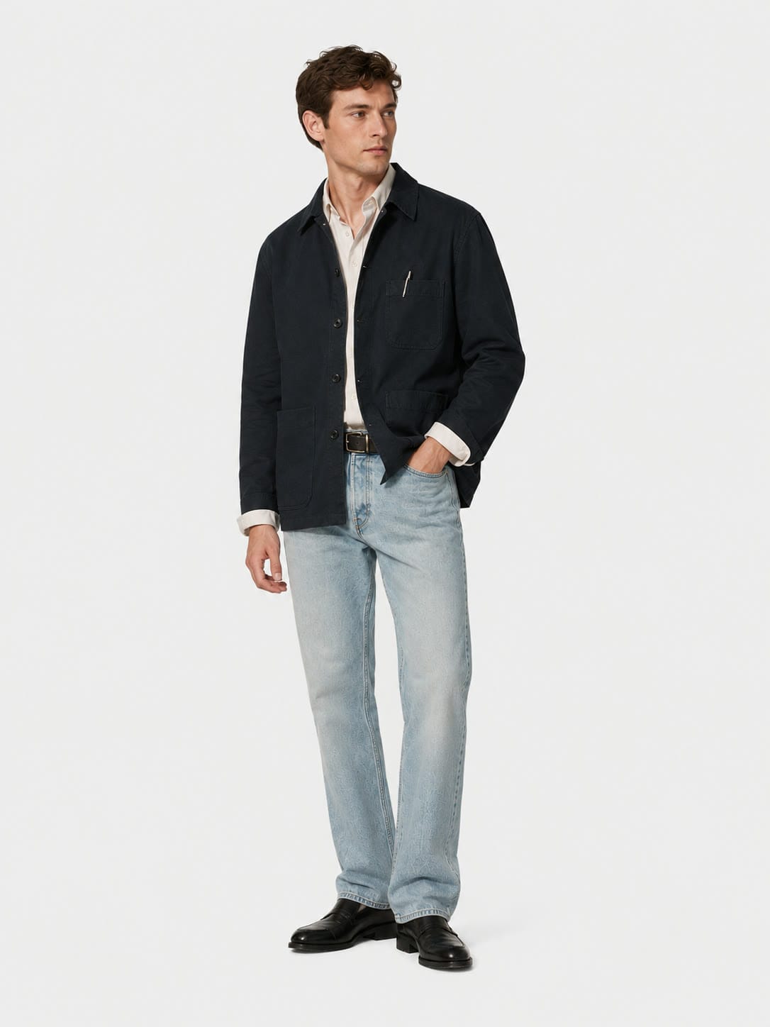 The Chore Jacket in navy, studio view