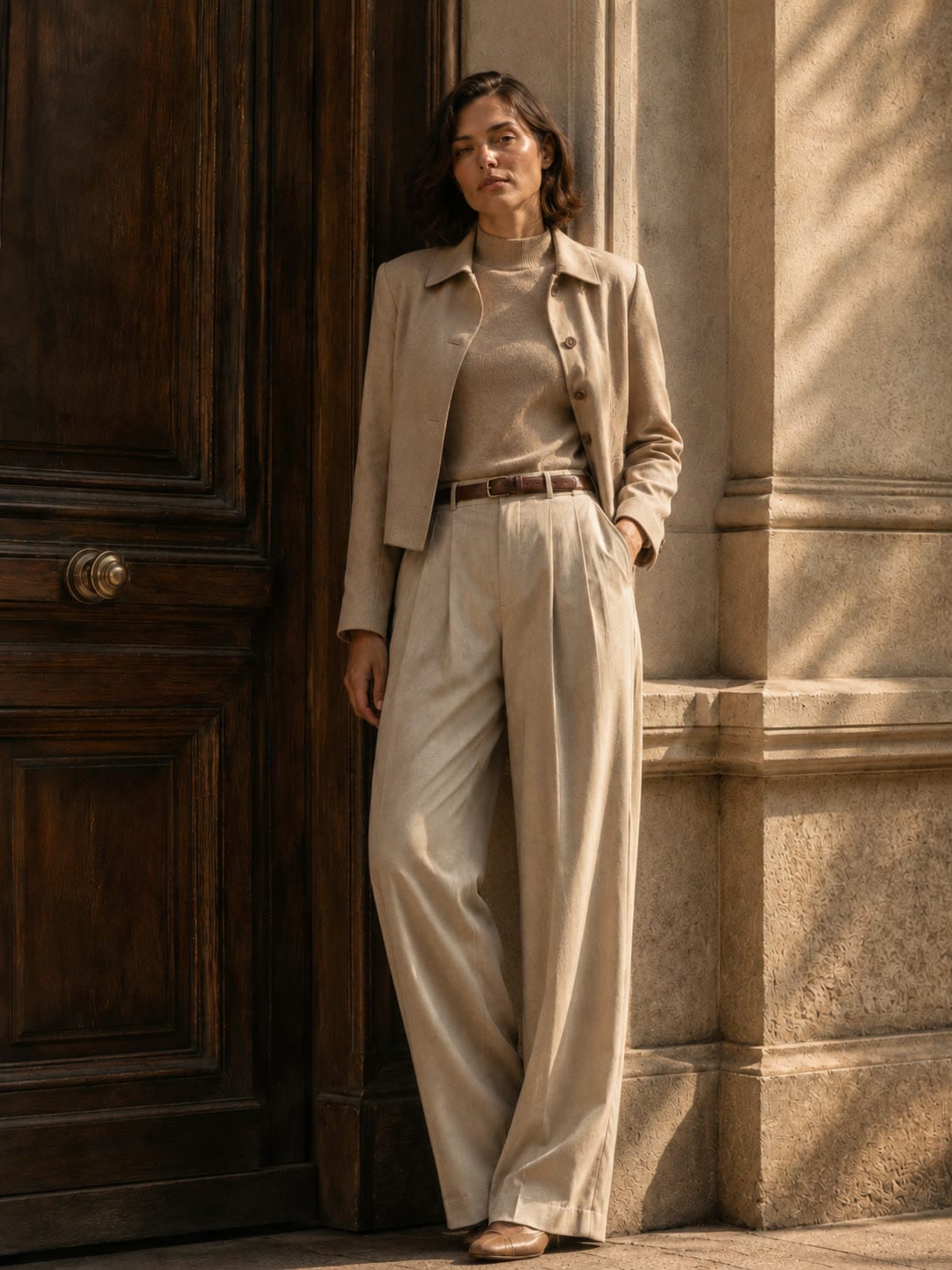 A model in soft tailoring at a tall Parisian doorway