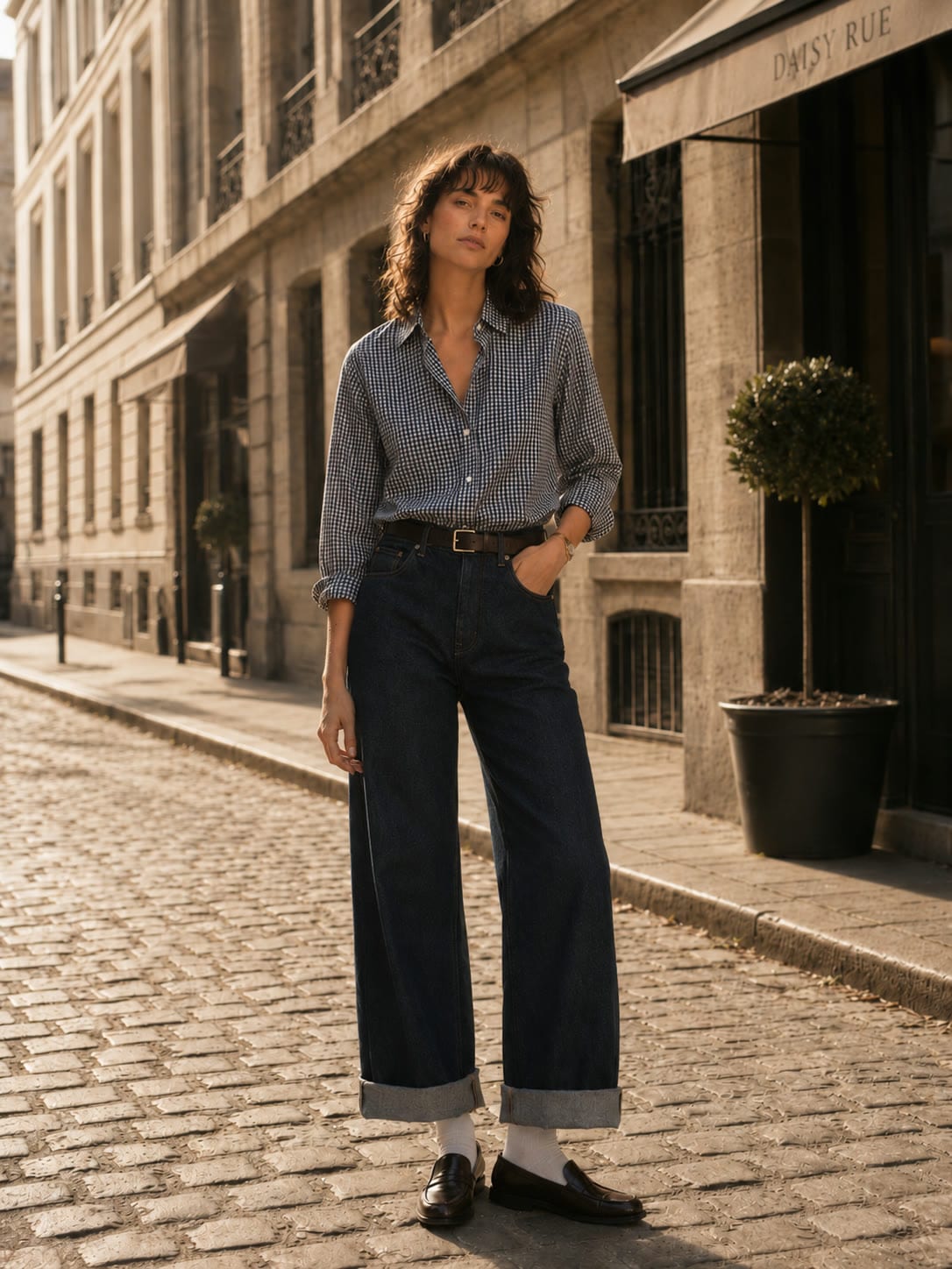 The chambray shirt worn on a cobbled street