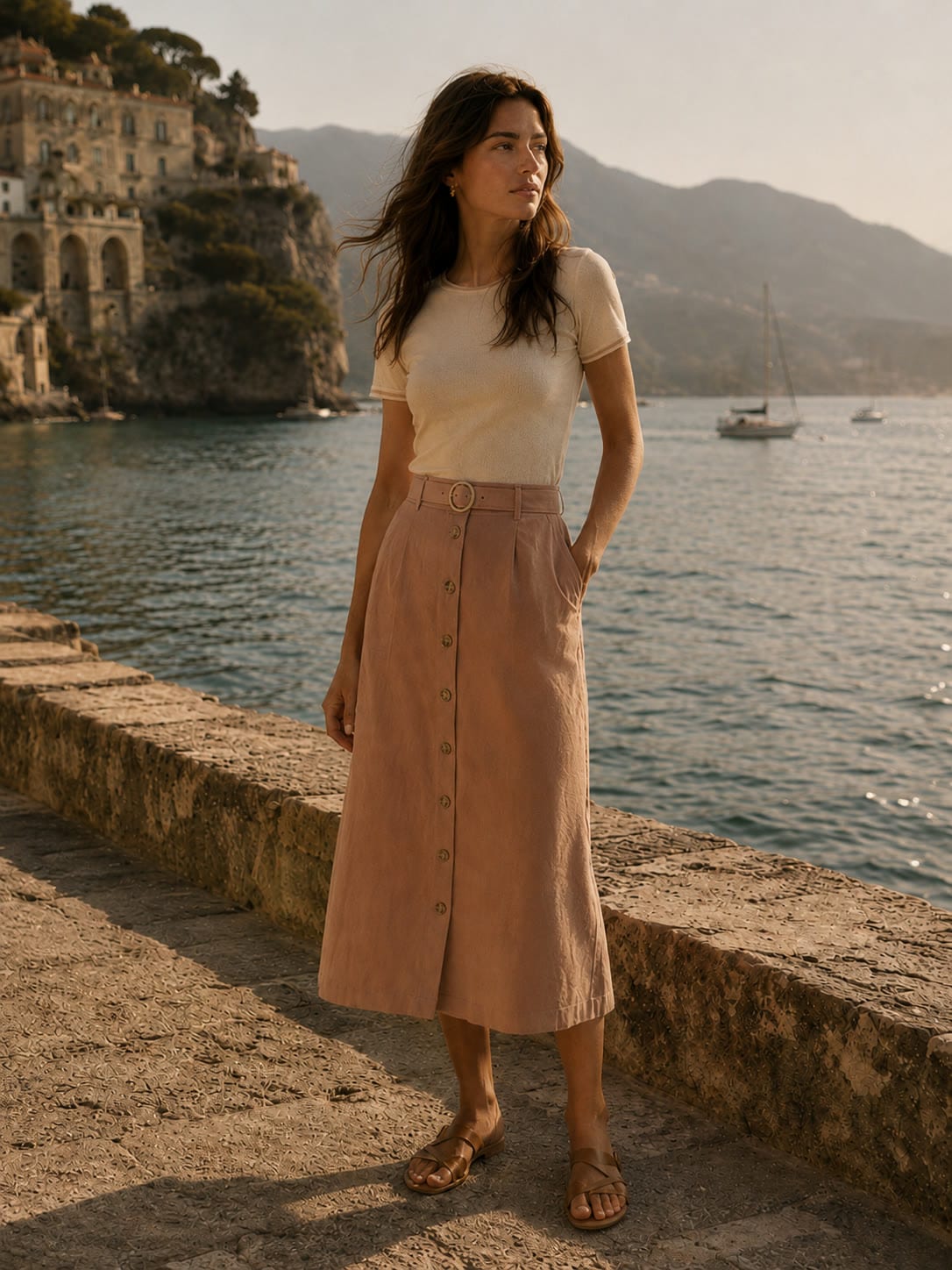 The terracotta midi skirt by the sea