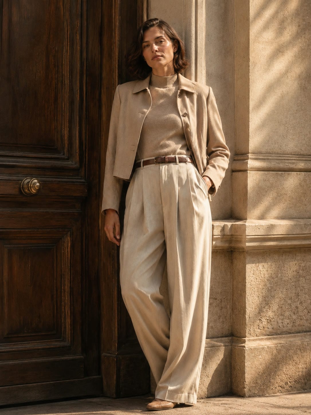 Soft tailoring against a tall Paris doorway