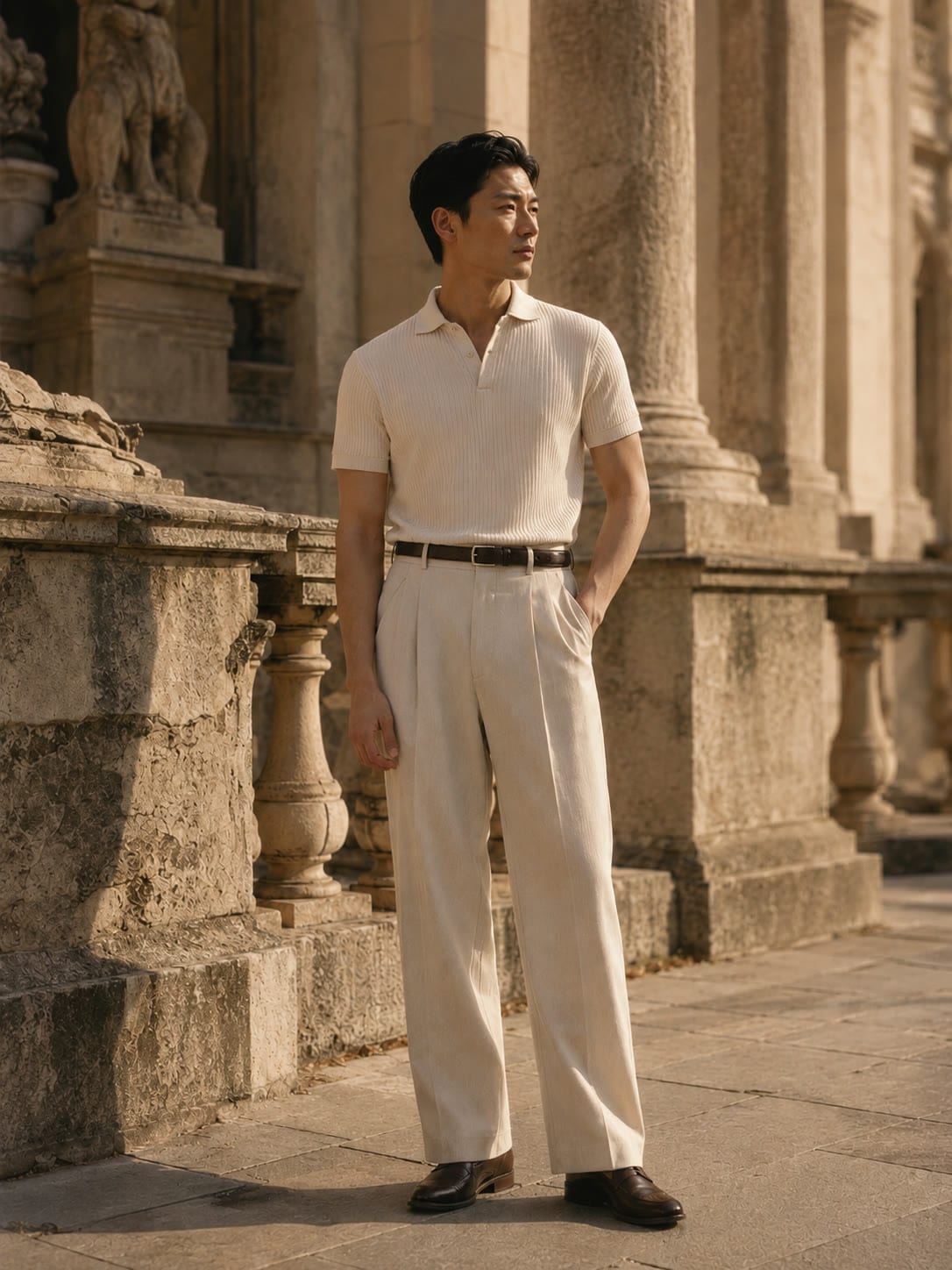 A model in ecru tailoring among sunlit villa columns
