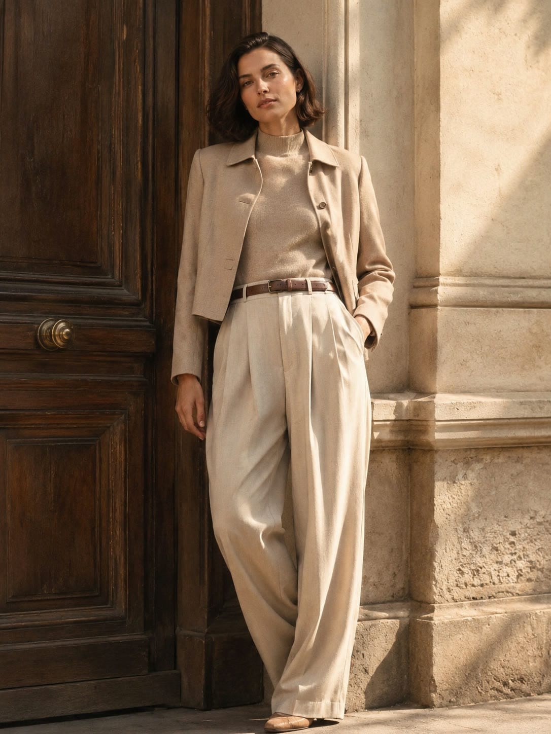 Ecru tailoring in a sunlit villa courtyard