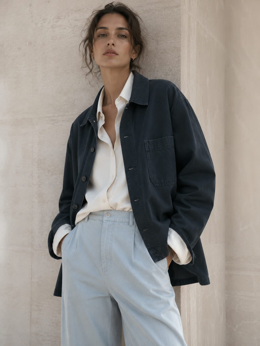 The Chore Jacket worn oversized over a white shirt