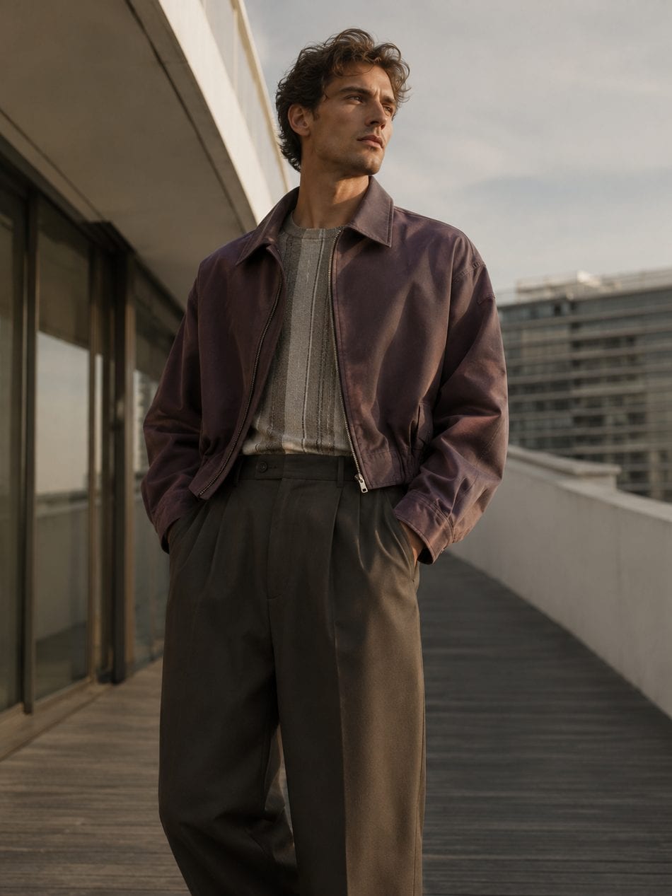 Resort outerwear, worn on a rooftop