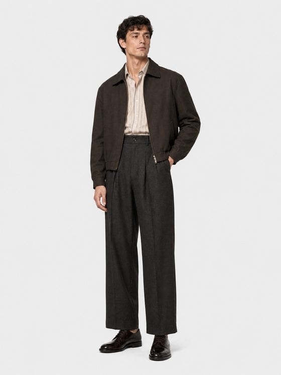 Look 03 — the espresso blouson over a shirt with wide trousers