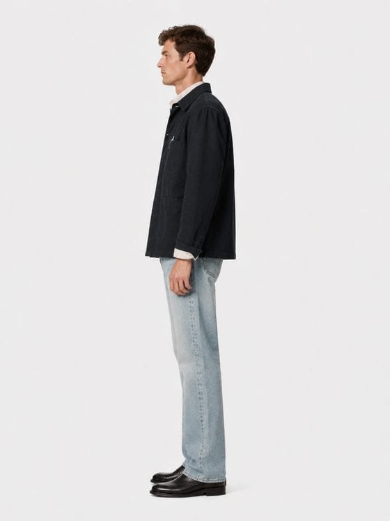 Look 06 — the navy chore jacket, side profile